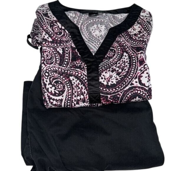 Rampage Womens Paisley Print Scrub Top & Black Pants Set S Cotton Blend - Picture 1 of 15